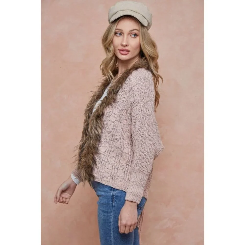 Faux Fur Trim Brown Cable Knit Cardigan | Boho Grunge Fairy Cottagecore Cozycore - Picture 5 of 16